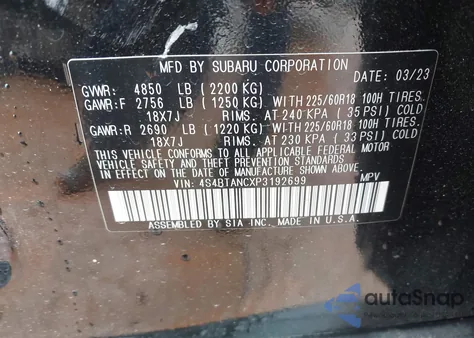 2023 Subaru Outback Limited из США, поврежденный, VIN 4S4BTANCXP3192699